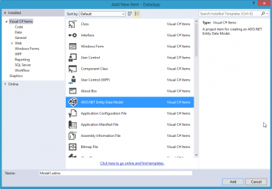 Ado net entity data model нет в visual studio 2019